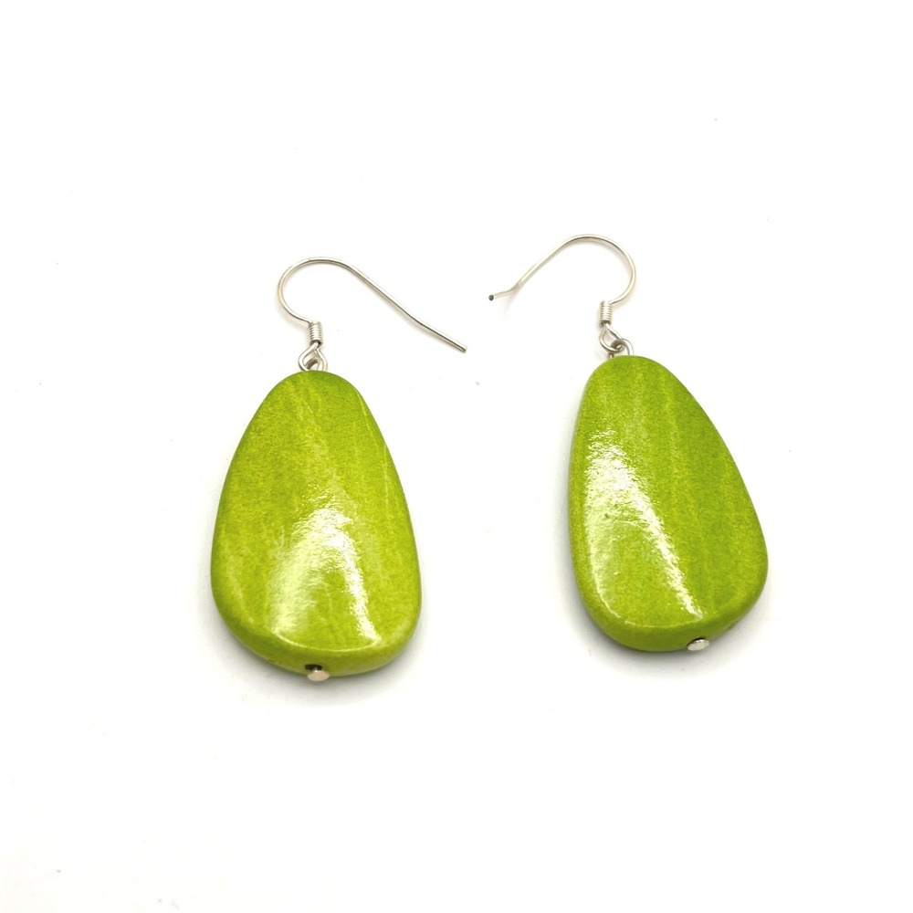 Lime Green Teardrop Dangle Earrings Silver Tone Fishhook Boho Stone Style 2 Inch